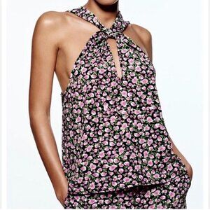 NWT Zara Floral Twist Neck Halter Blouse Tank Top Purple Black Green White Sz S‎